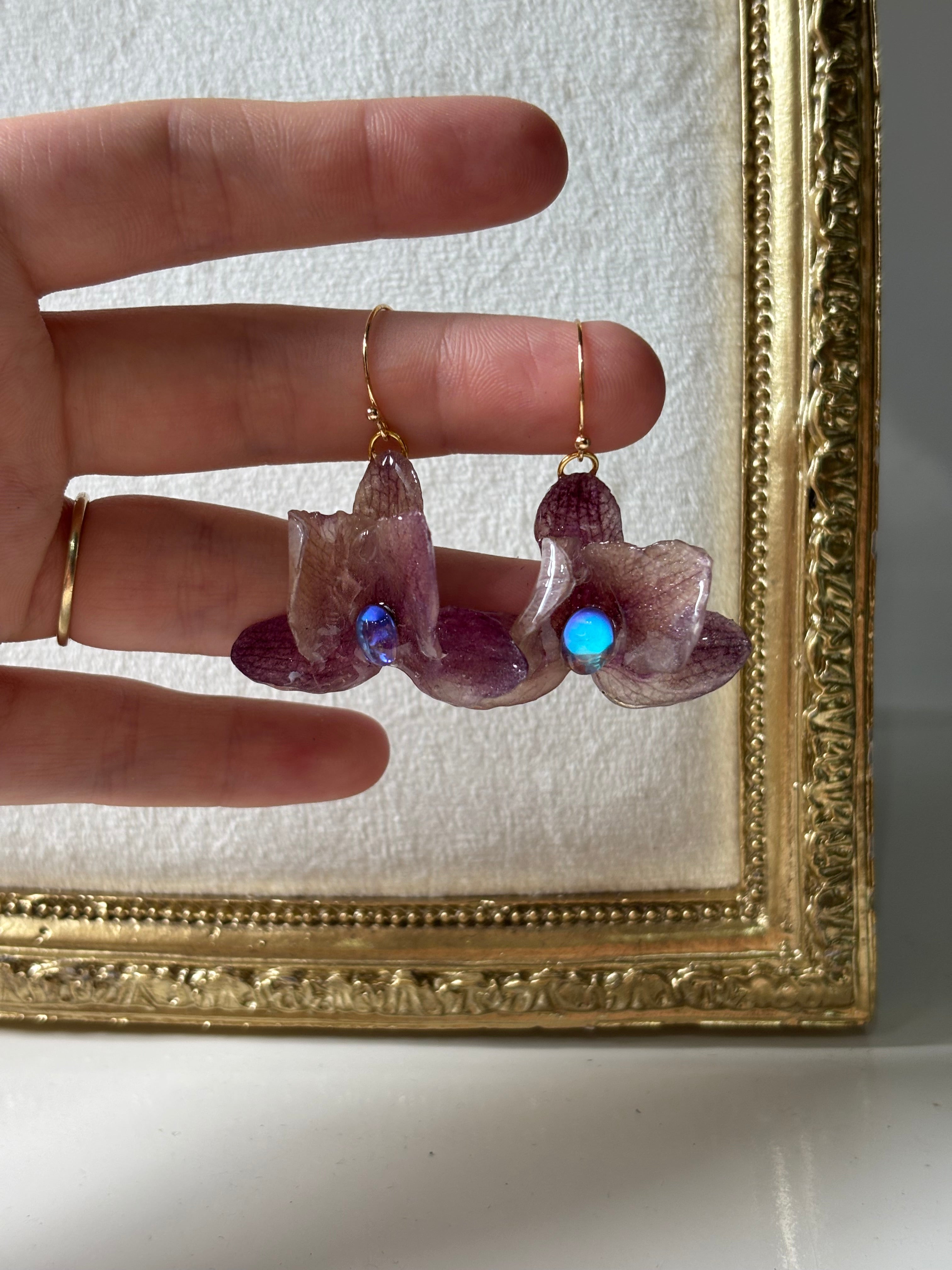 Pendientes Plateados con Flor Real Orquídea Morada | JOYERÍA BOTÁNICA |