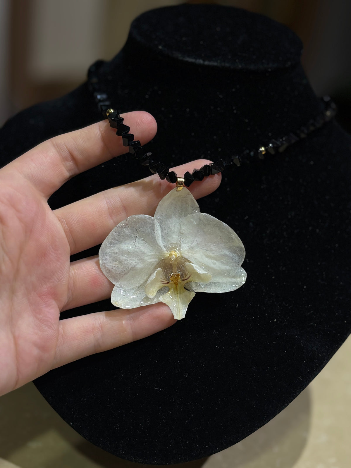 Collar Dorado con Flor Real Orquídea Blanca-Amarilla| JOYERÍA BOTÁNICA |