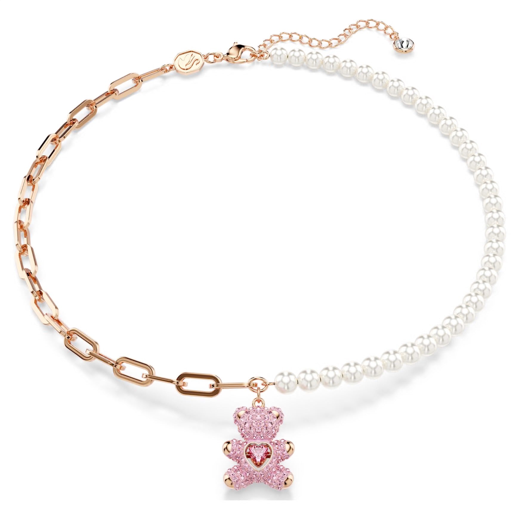 Collar Rosa Oso Rosa Corazón y Perlas