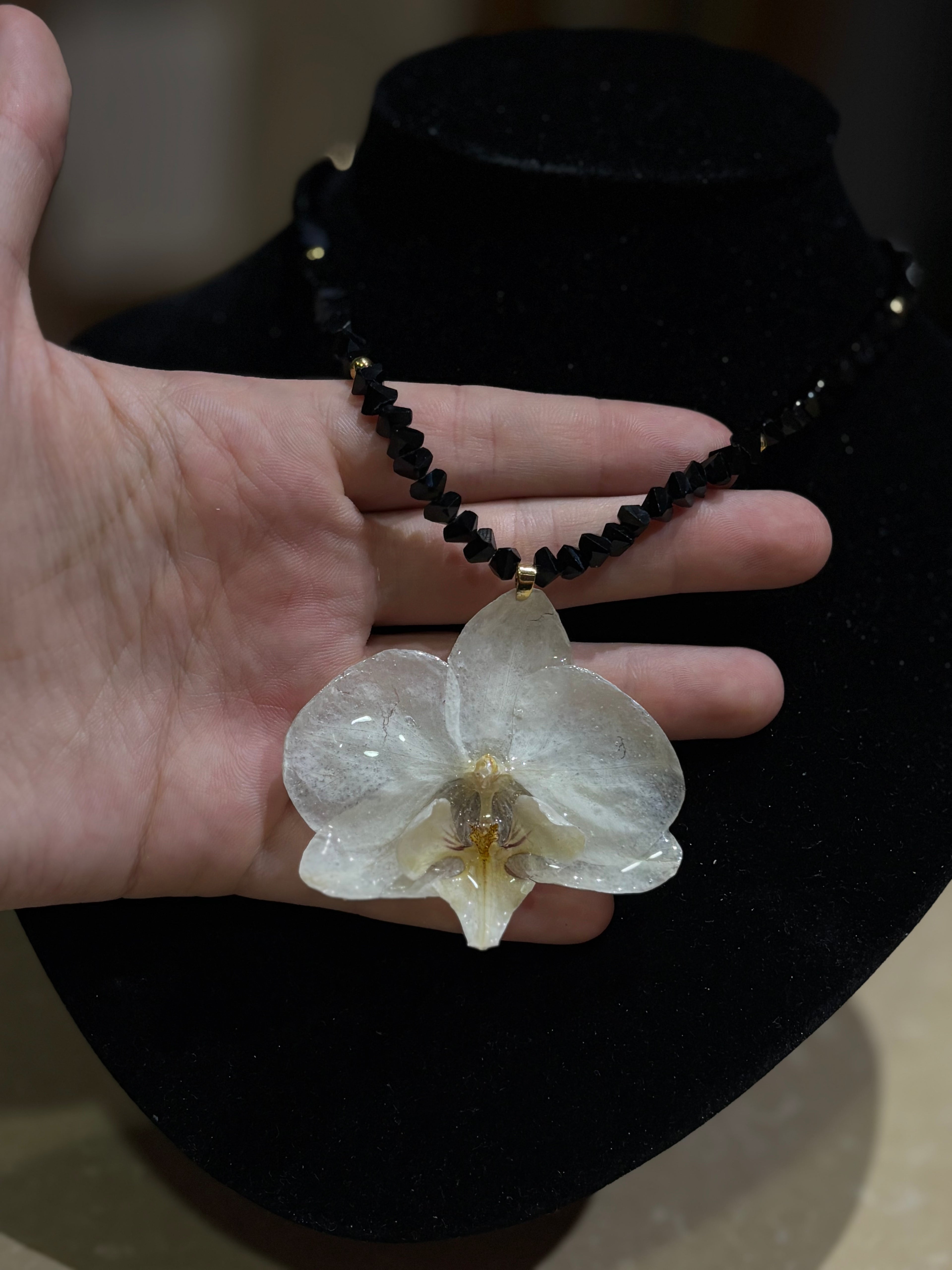 Collar Dorado con Flor Real Orquídea Blanca-Amarilla| JOYERÍA BOTÁNICA |