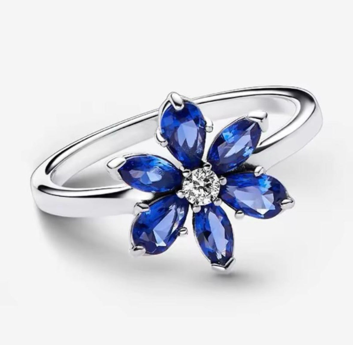 Anillo Plateado Flor Azul