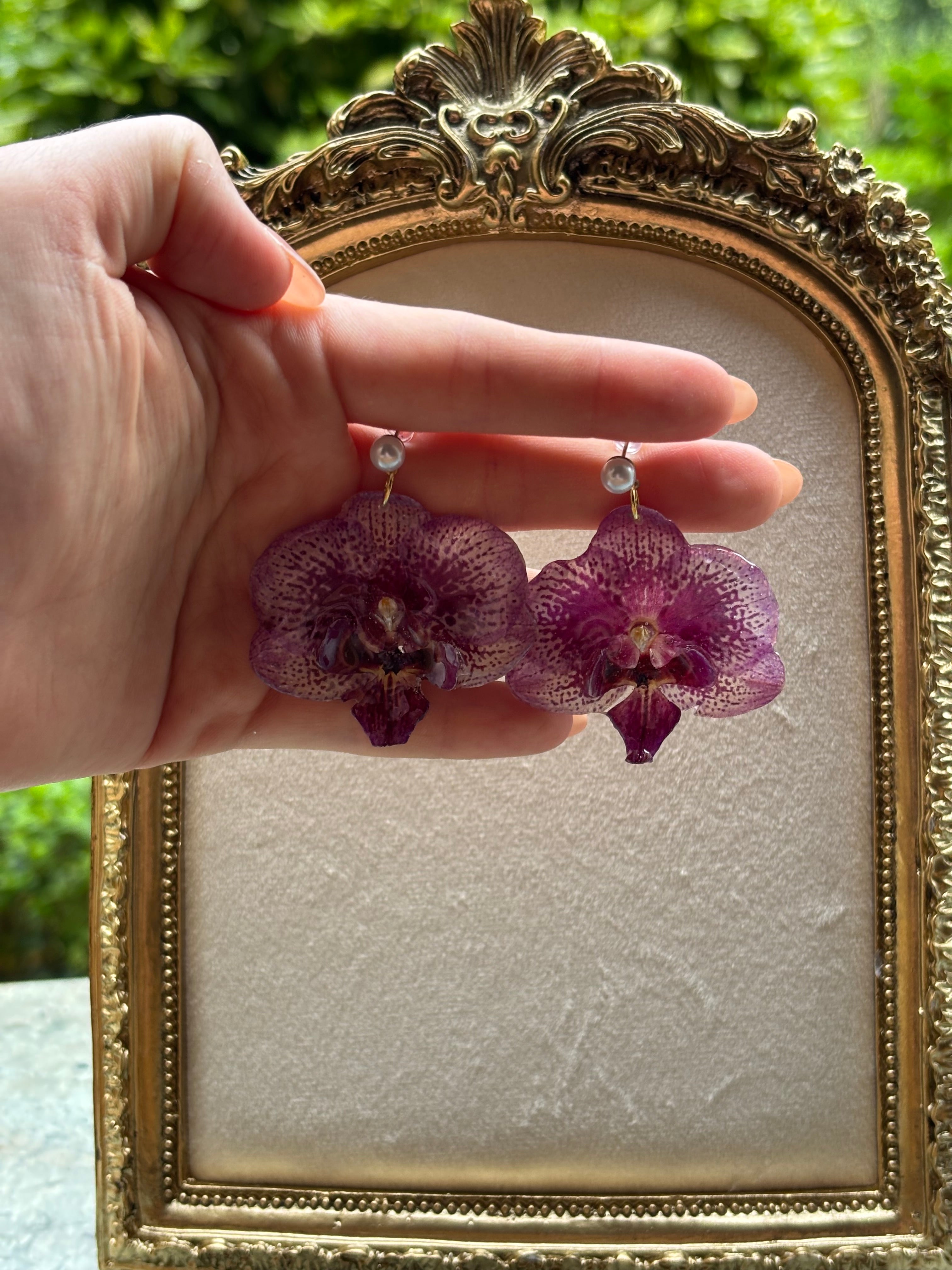 Pendientes Dorados con Flor Real Orquídea Morada | JOYERÍA BOTÁNICA |