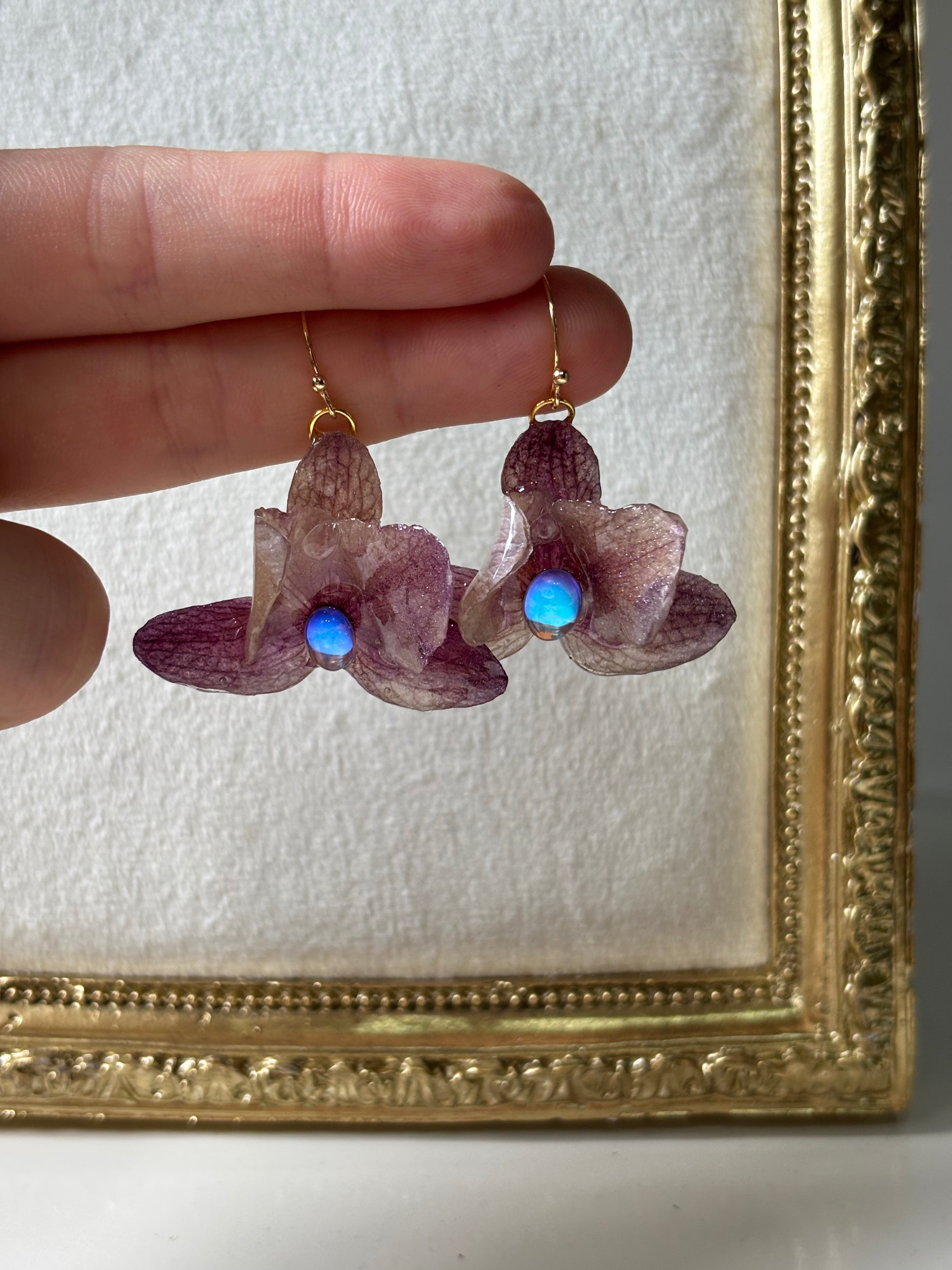 Pendientes Plateados con Flor Real Orquídea Morada | JOYERÍA BOTÁNICA |