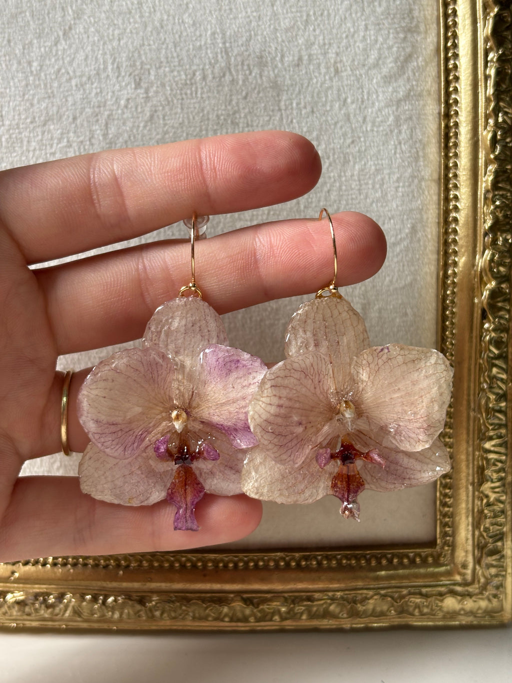 Pendientes Dorados con Flor Real Orquídea Morada | JOYERÍA BOTÁNICA |