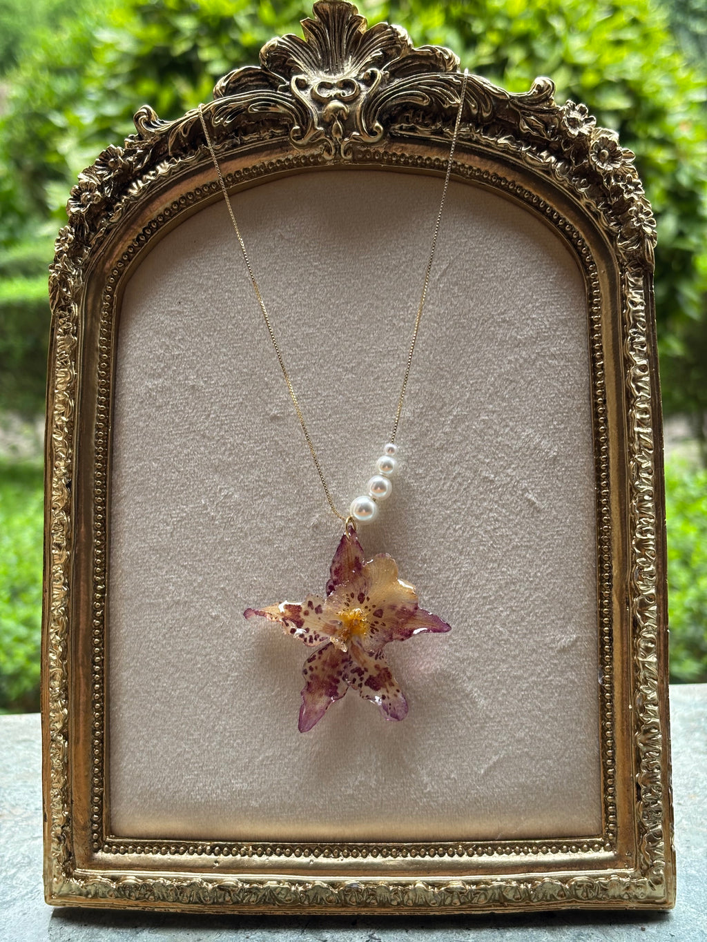 Collar Dorado con Flor Real Orquídea Blanca-Morada| JOYERÍA BOTÁNICA |