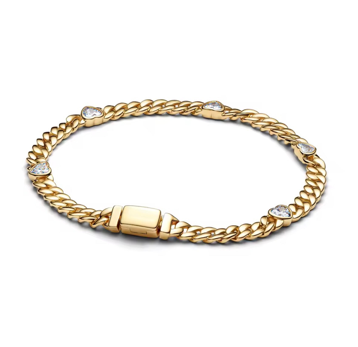 Pulsera Cadena Cubana Dorada con Corazones