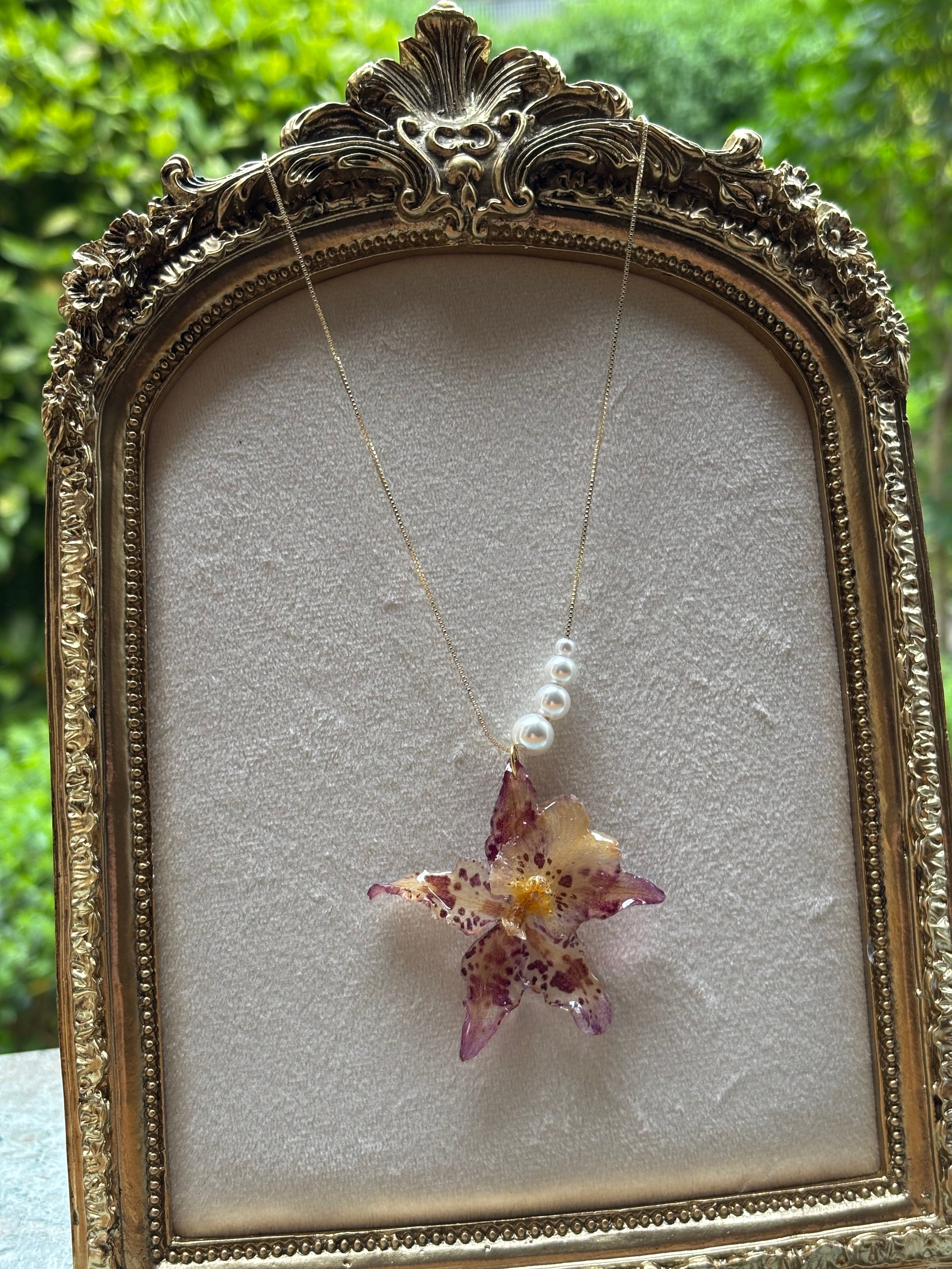 Collar Dorado con Flor Real Orquídea Blanca-Morada| JOYERÍA BOTÁNICA |
