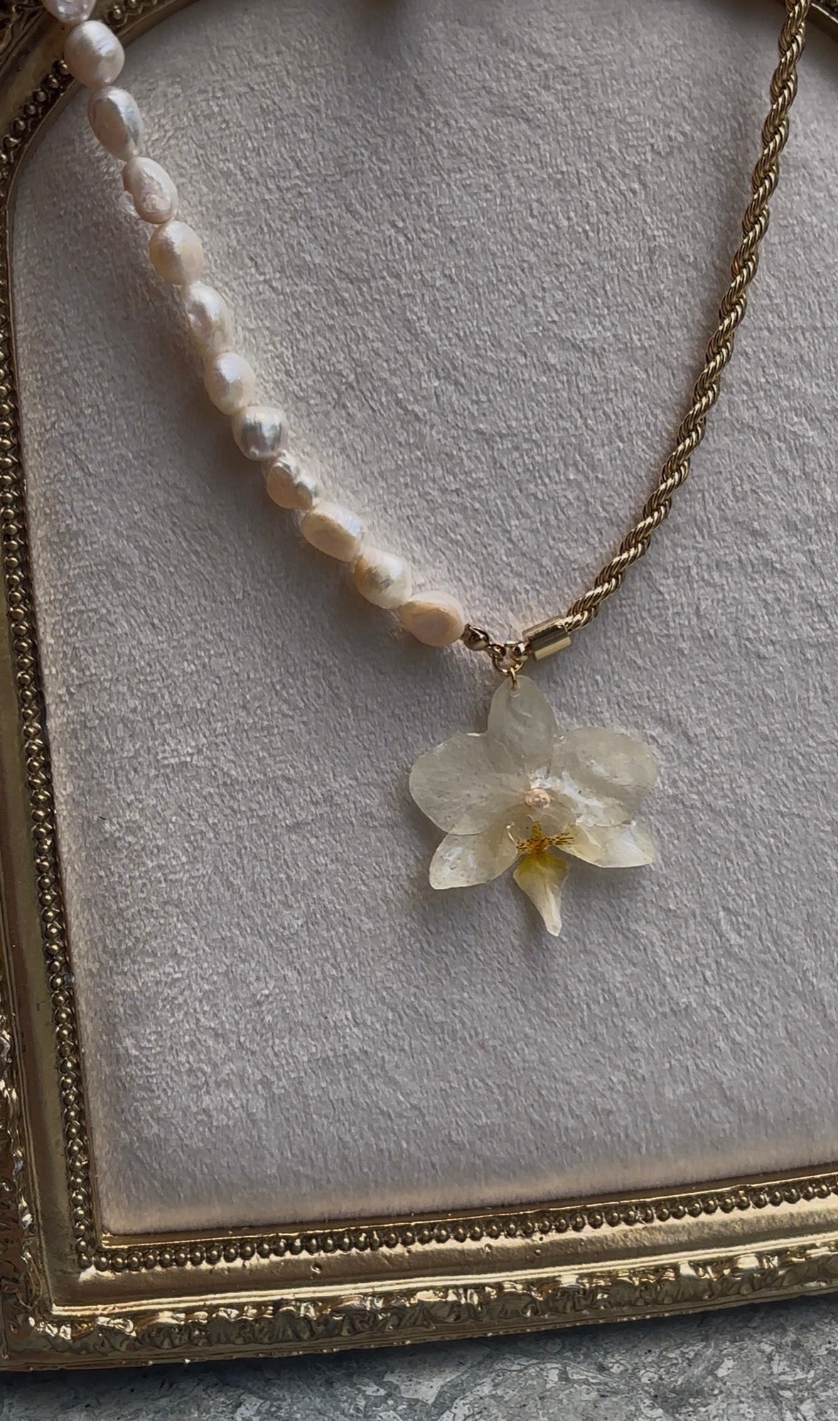 Collar Dorado con Flor Real Orquídea Amarilla-Blanca | JOYERÍA BOTÁNICA |
