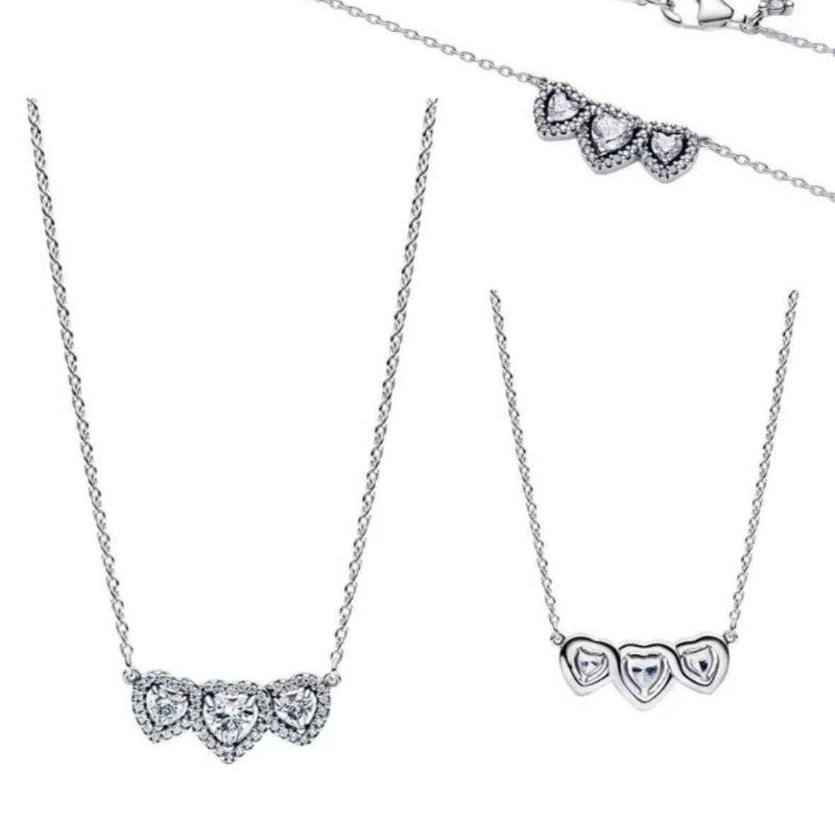 Collar Plateado Triple Corazón Blanco