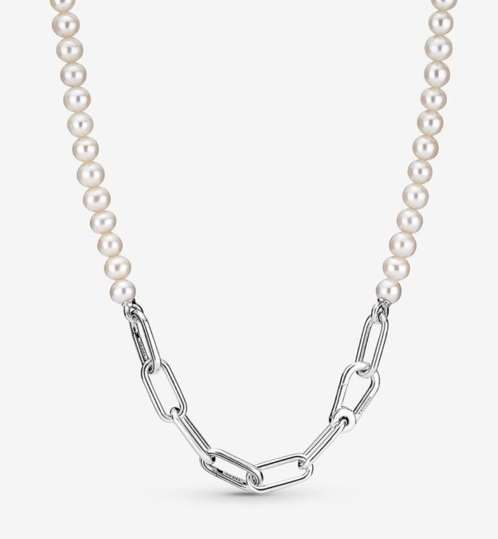 Collar Cadena Plateada Con Perlas