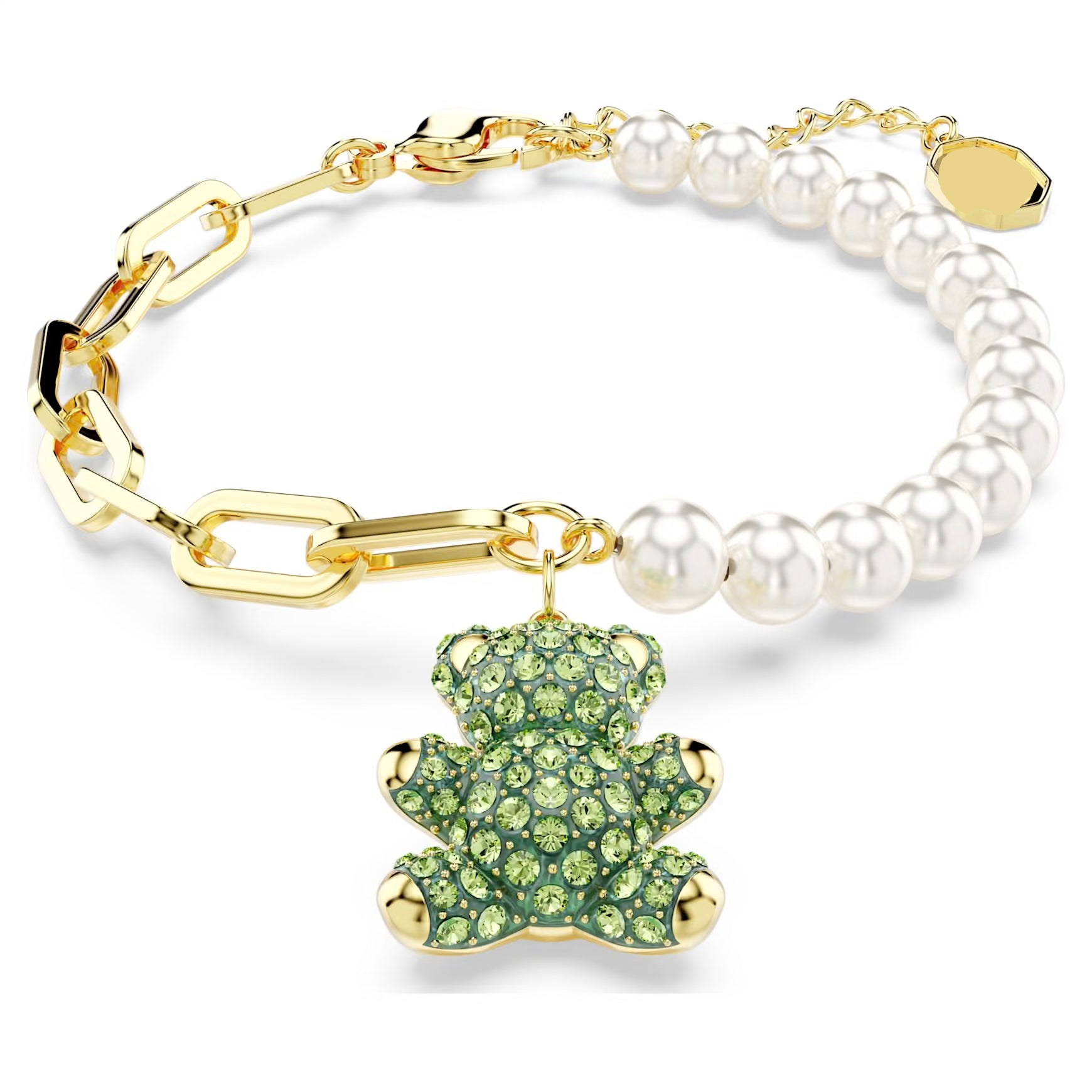 Pulsera Dorada Oso Verde y Perlas